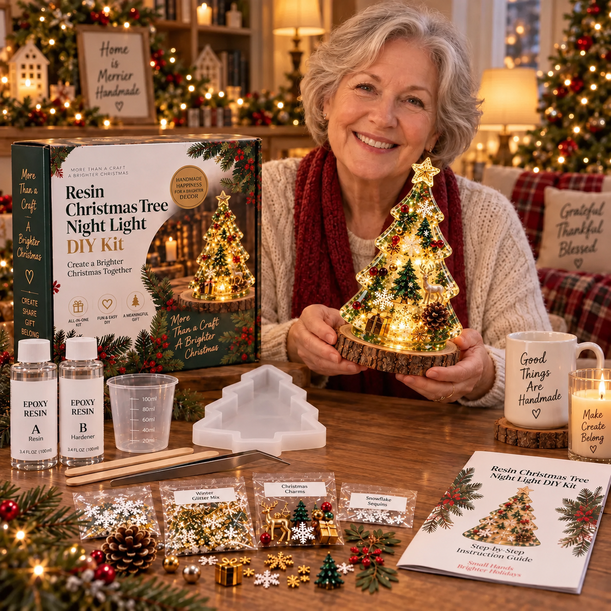⏳ Last Day 49% OFF – 🎄Beginner-Friendly Resin Christmas Tree Night Light DIY Kit | Mold, Resin, Fairy Lights & Festive Decorations Included ✨
