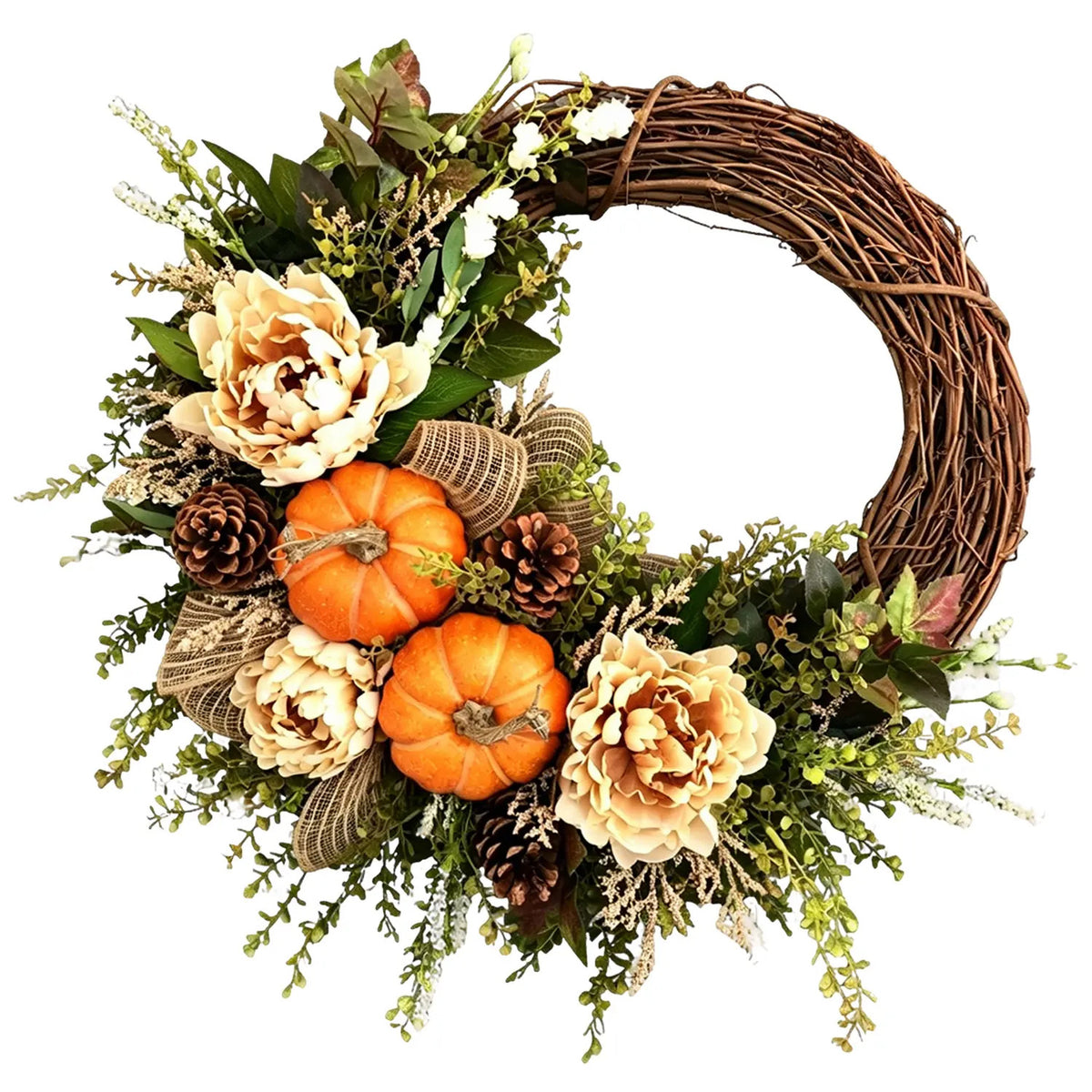Thanksgiving Artificial Pinecone, Pumpkin, and Rose Vine Wreath Wall Hanging