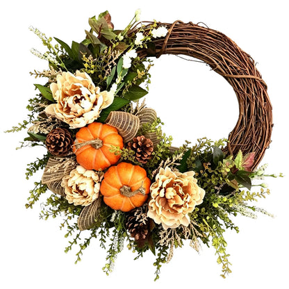 Thanksgiving Artificial Pinecone, Pumpkin, and Rose Vine Wreath Wall Hanging