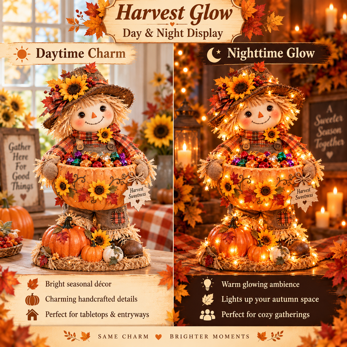 🍂 Lighted Scarecrow Candy Bowl | Harvest Table Decor
