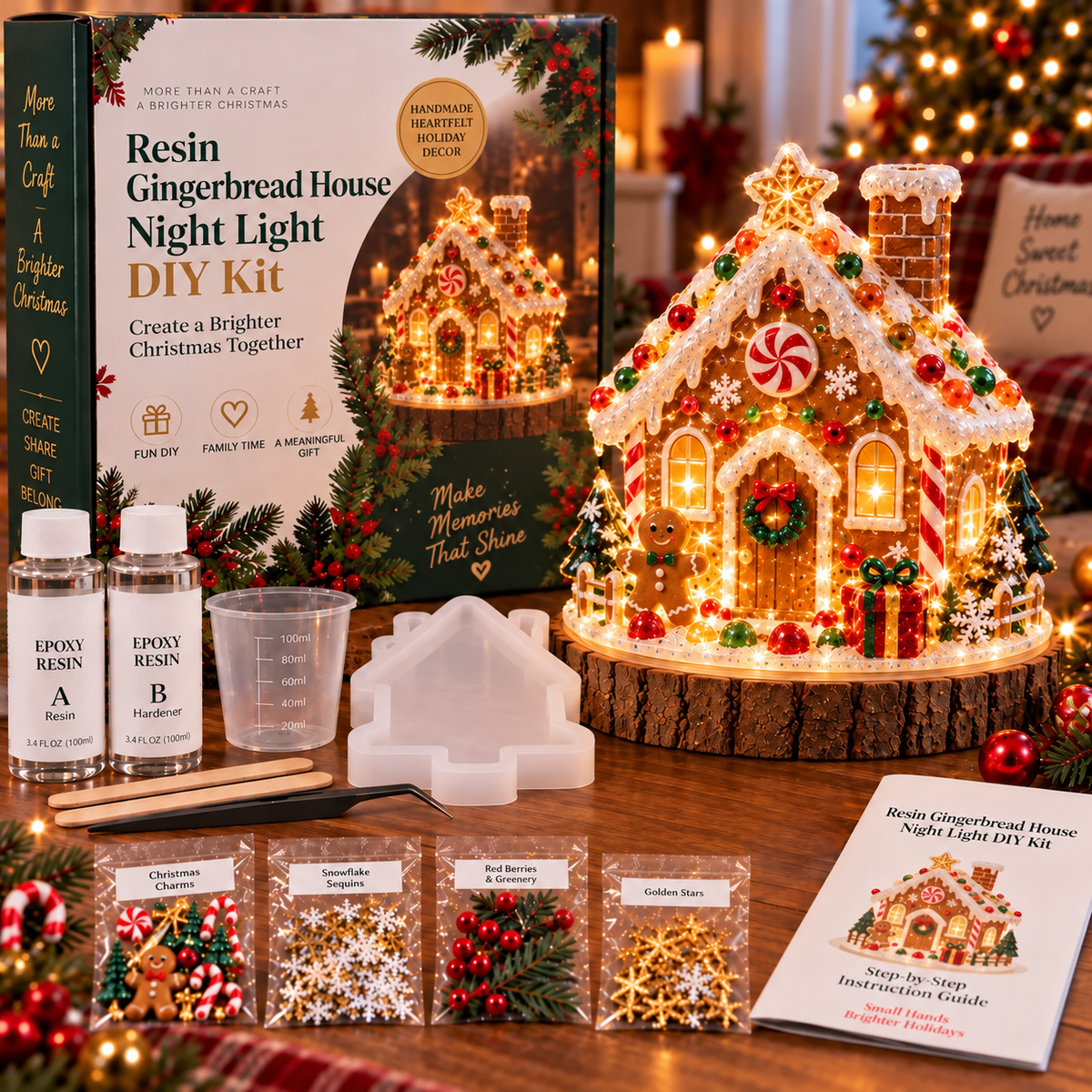⏳ Last Day 49% OFF – 🎄Beginner-Friendly Resin Christmas Tree Night Light DIY Kit | Mold, Resin, Fairy Lights & Festive Decorations Included ✨