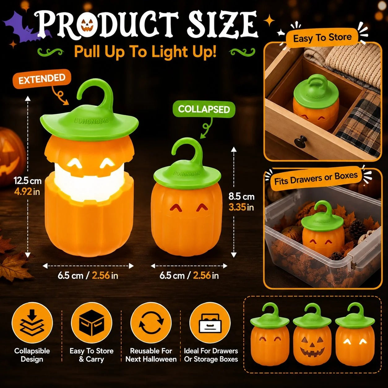 Halloween Pull-Up Light-Up Lantern CollectionGhost Pumpkin Skeleton