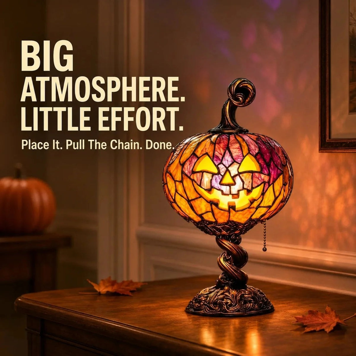 Vintage-Style Stained Glass Pumpkin Ambient Table Lamp for Halloween