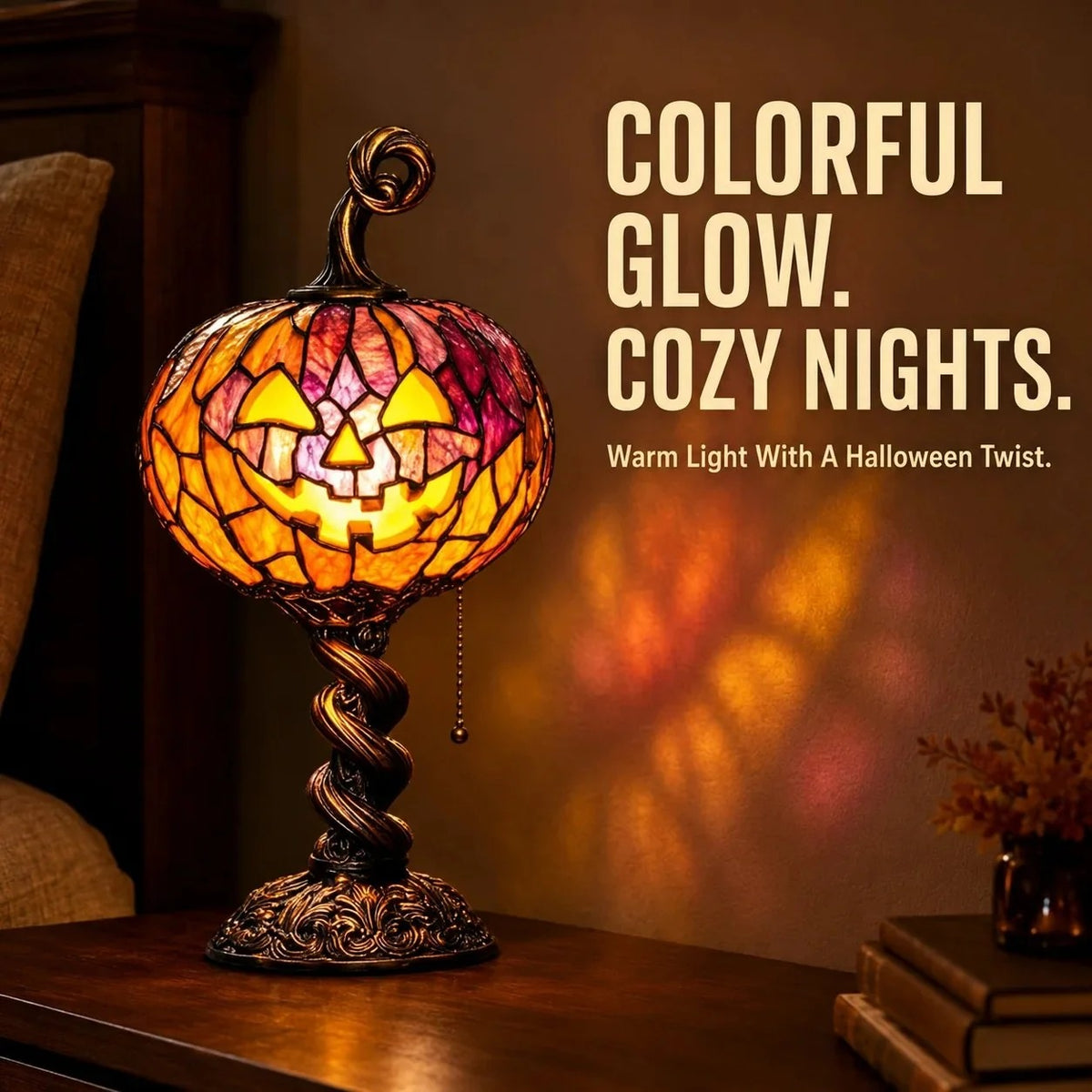 Vintage-Style Stained Glass Pumpkin Ambient Table Lamp for Halloween