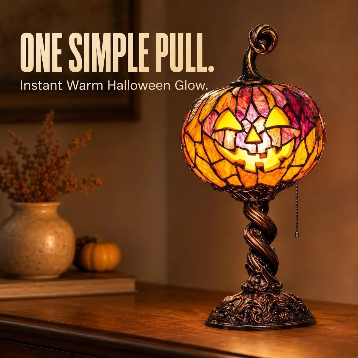 Vintage-Style Stained Glass Pumpkin Ambient Table Lamp for Halloween