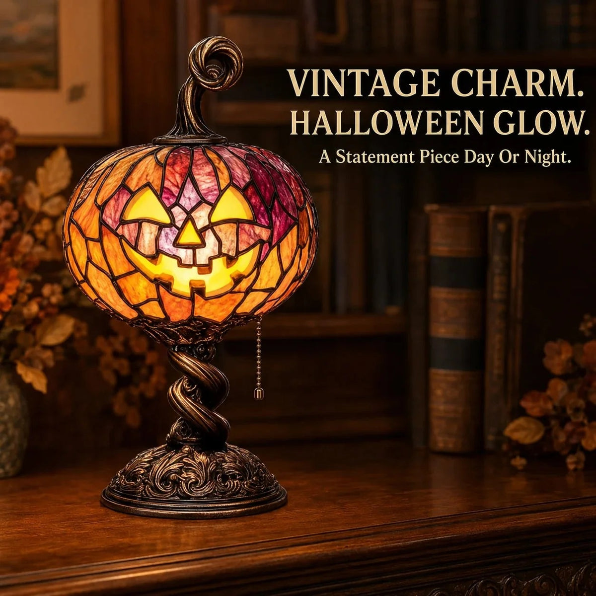 Vintage-Style Stained Glass Pumpkin Ambient Table Lamp for Halloween