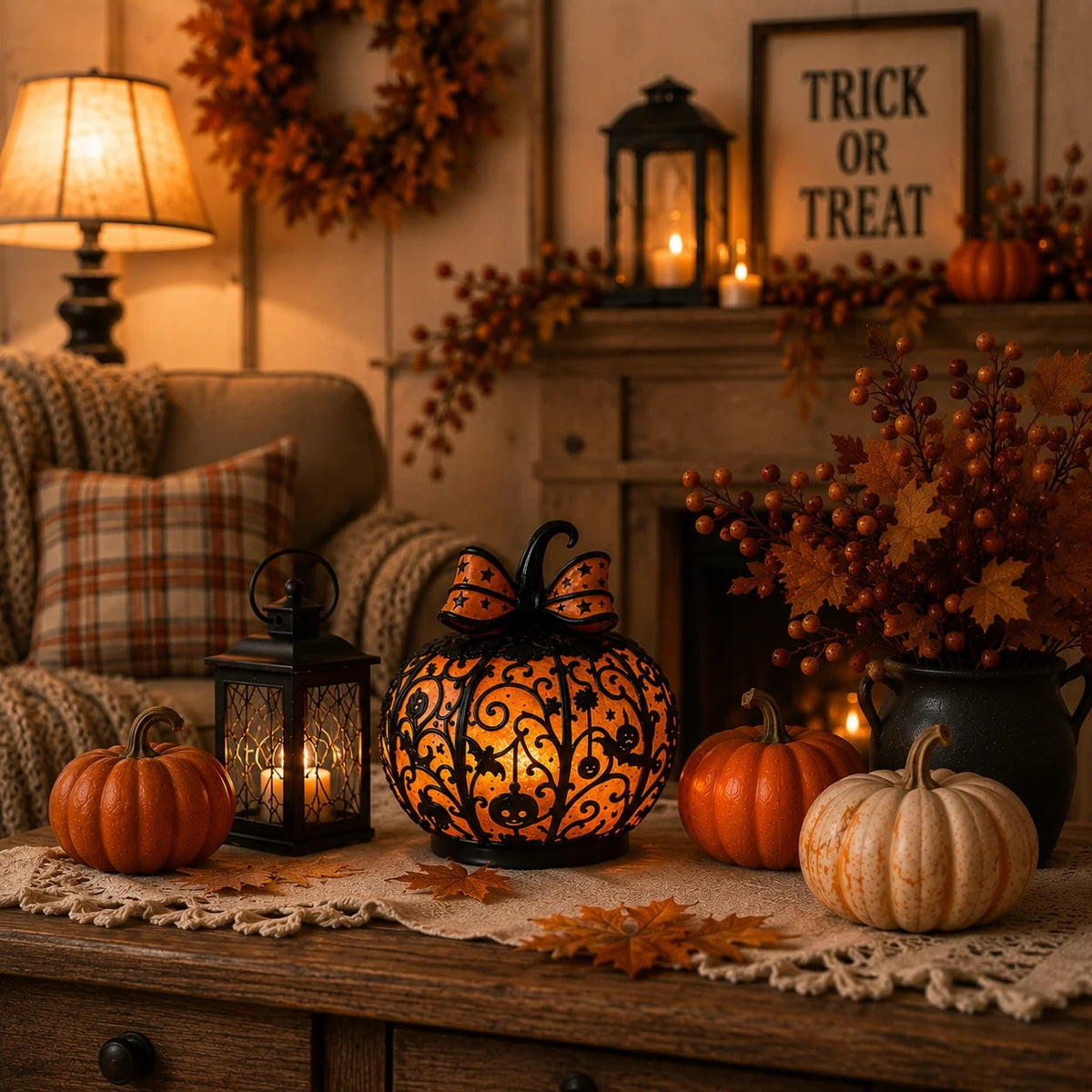 Tiffany-style Halloween pumpkin lamp