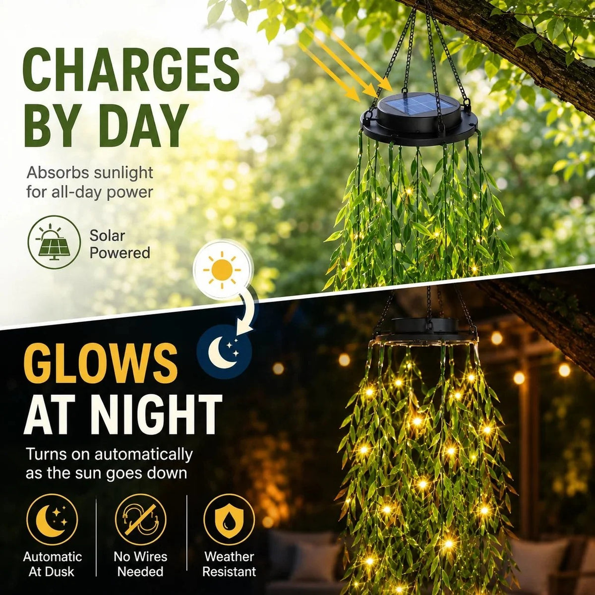 Solar-powered waterproof LED light shaped like a willow plant