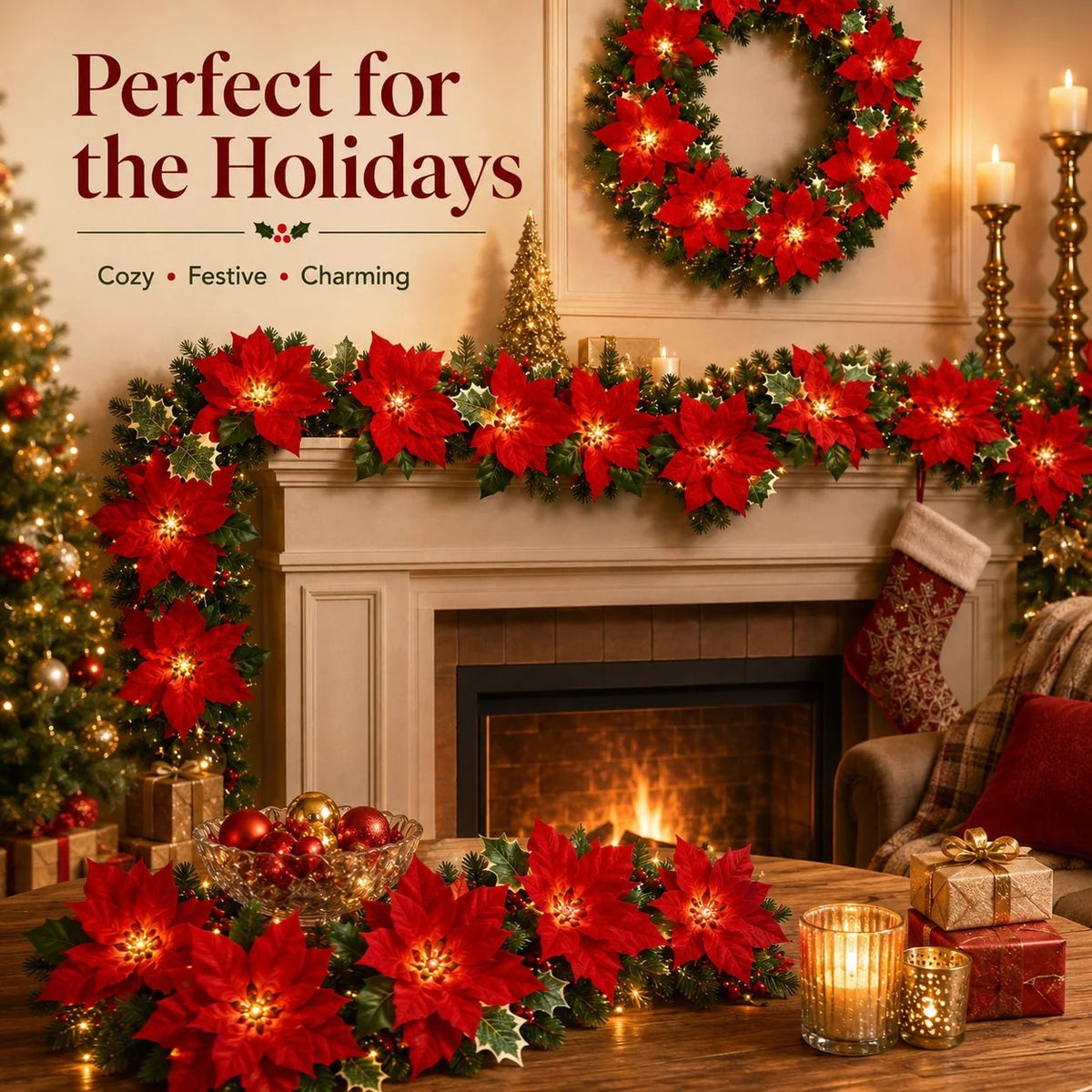 Christmas Poinsettia String Lights with Red Flowers and Berries