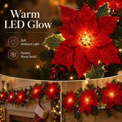 Christmas Poinsettia String Lights with Red Flowers and Berries