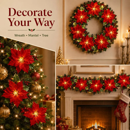 Christmas Poinsettia String Lights with Red Flowers and Berries