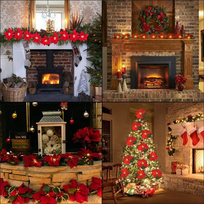 Christmas Poinsettia String Lights with Red Flowers and Berries