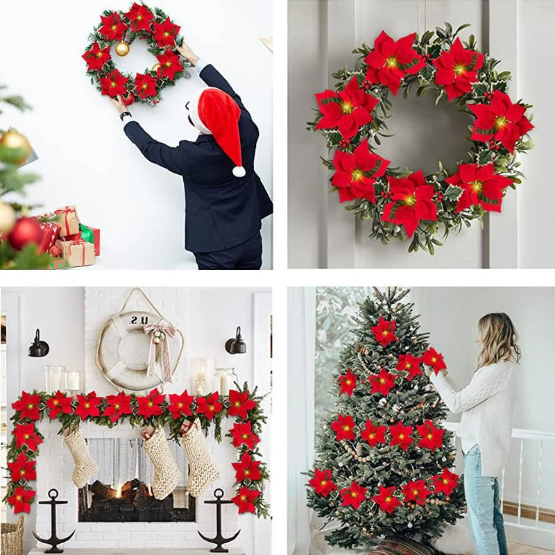 Christmas Poinsettia String Lights with Red Flowers and Berries