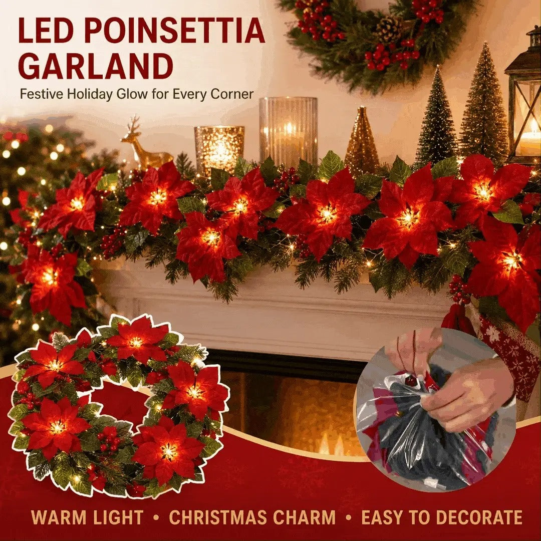Christmas Poinsettia String Lights with Red Flowers and Berries