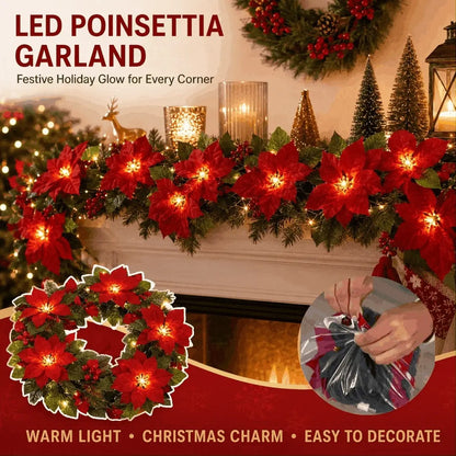 Christmas Poinsettia String Lights with Red Flowers and Berries