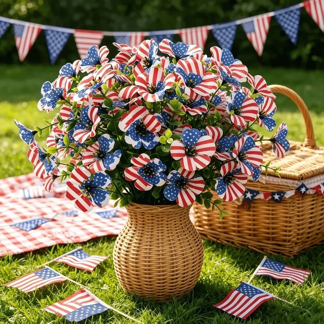 Independence Day Faux Daisy with Flag Pattern – Red, White, and Blue Artificial Flower for Holiday Decoration