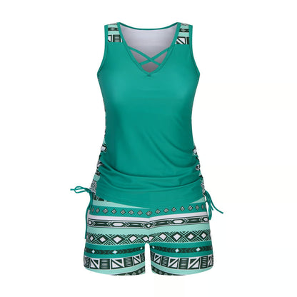 Women's Tummy Control Tankini Set with Built-In Bra – Flattering Boho Swimwear with Shorts