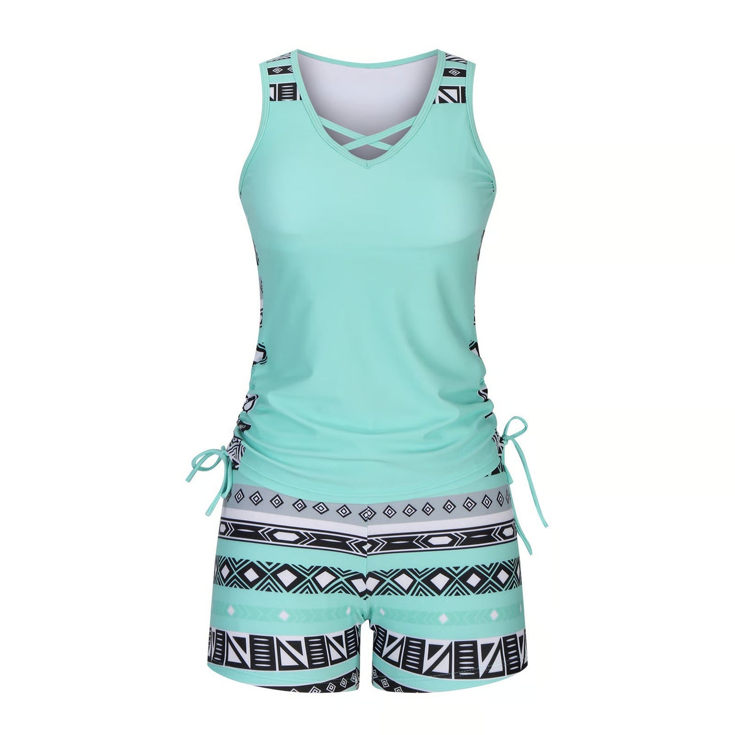 Women's Tummy Control Tankini Set with Built-In Bra – Flattering Boho Swimwear with Shorts