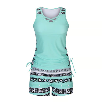 Women's Tummy Control Tankini Set with Built-In Bra – Flattering Boho Swimwear with Shorts