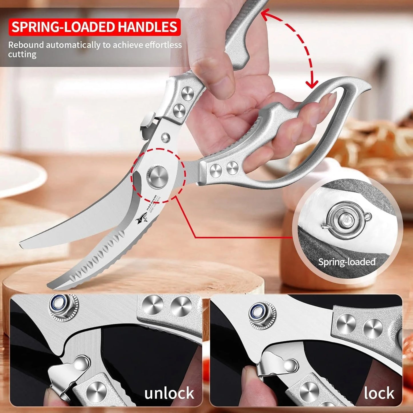Heavy-Duty Multifunction Kitchen Shears – 4-in-1 Tool with Fish Scaler, Bottle Opener & Safety Lock