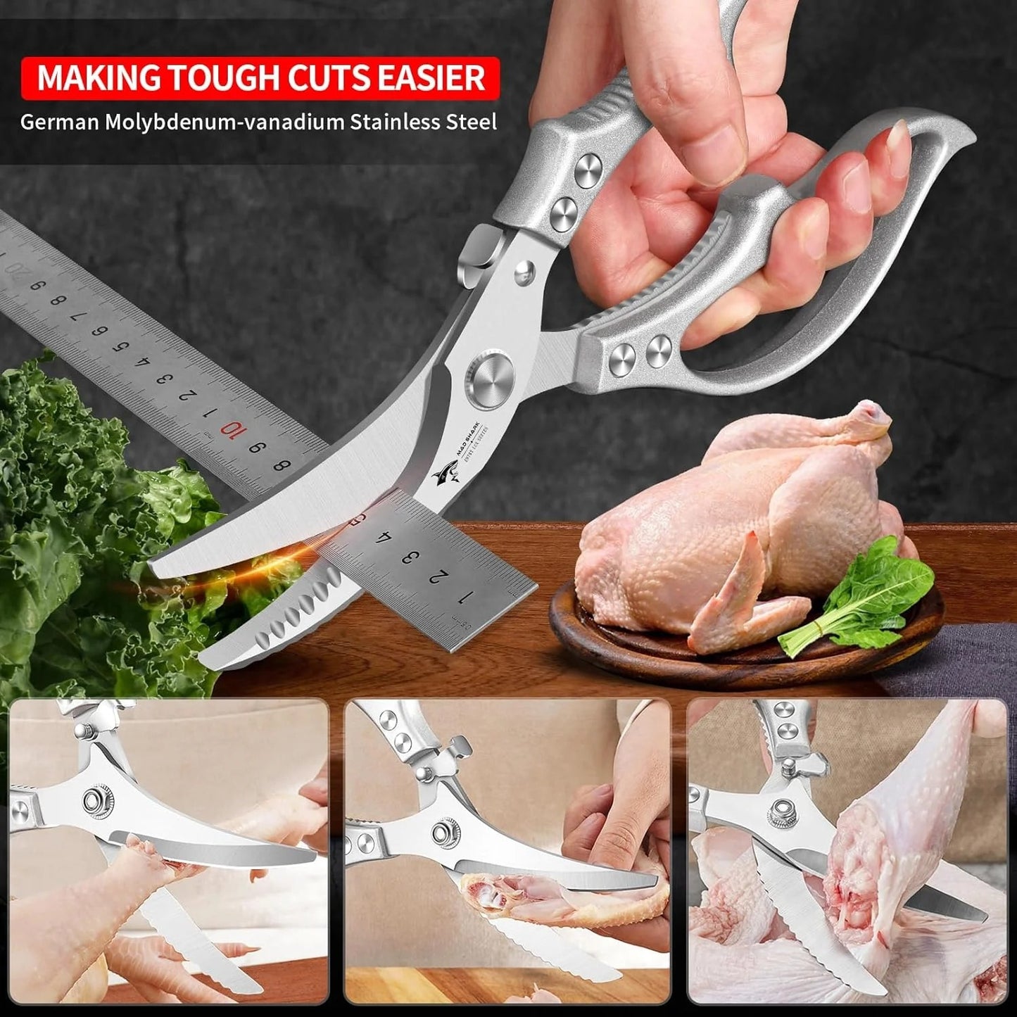 Heavy-Duty Multifunction Kitchen Shears – 4-in-1 Tool with Fish Scaler, Bottle Opener & Safety Lock
