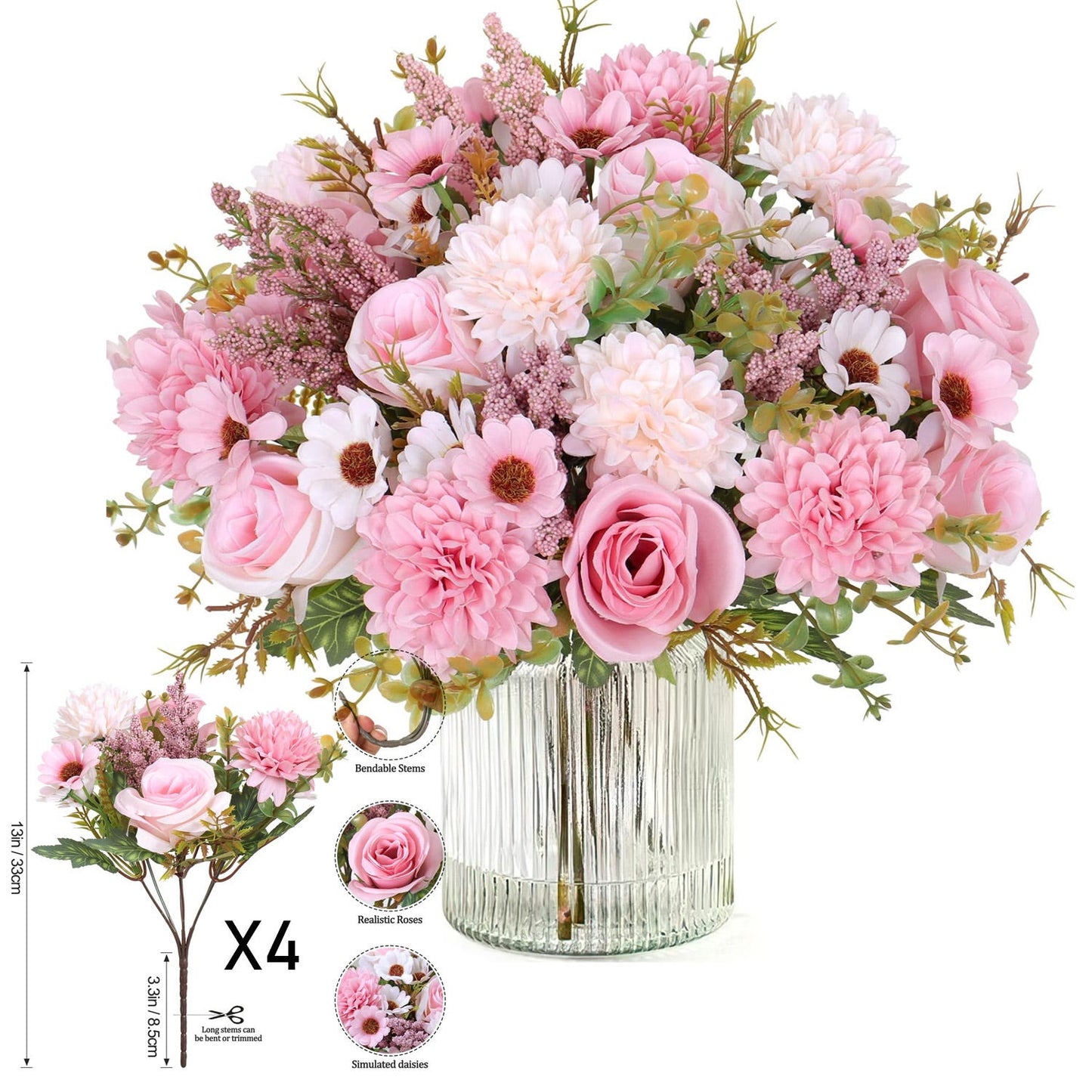 4-Piece Set: Artificial 7-Stem Hydrangea and Peony Bouquet